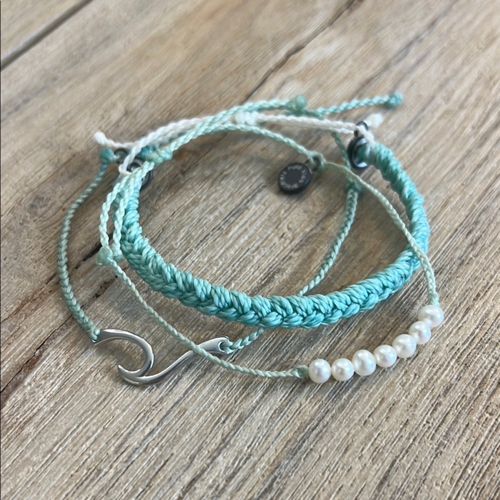 Pura Vida Bracelet Bundle Green Blue Silver Wave Pearl Macrame Braided Rare